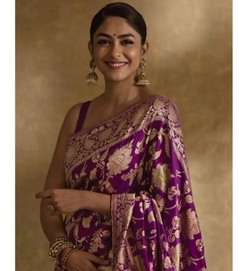 Women's Silk Printed Saree With Unstitched Blouse 5.5Mtr (Purple)