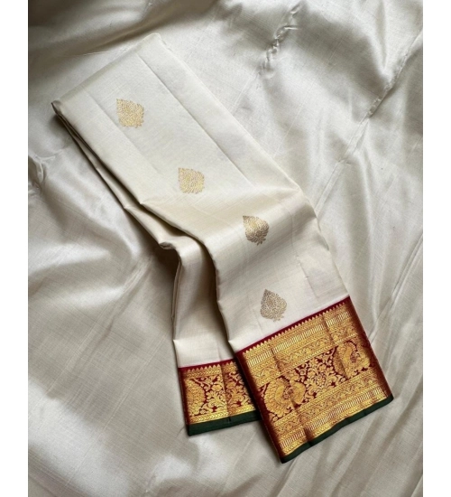 Women's Silk Printed Saree With Unstitched Blouse 5.5Mtr (Off White-Red)