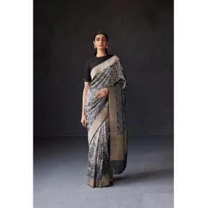 Generic Women's Silk Printed Saree With Unstitched Blouse 5.5Mtr (Grey)