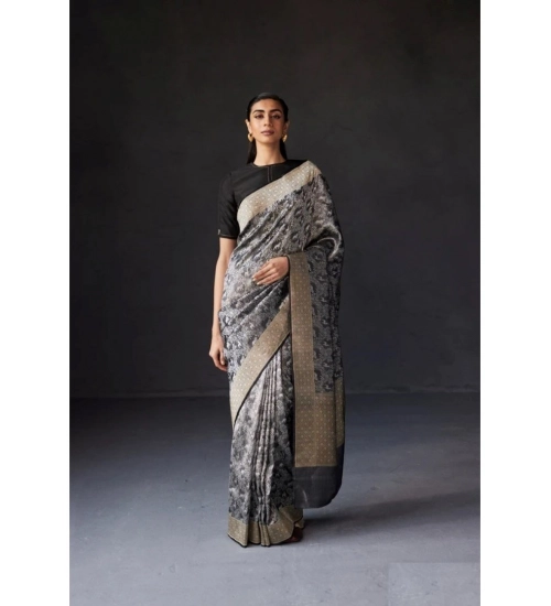 Women's Silk Printed Saree With Unstitched Blouse 5.5Mtr (Grey)