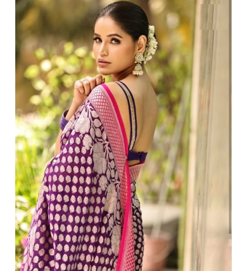 Women's Silk Printed Saree With Unstitched Blouse 5.5Mtr (Purple)