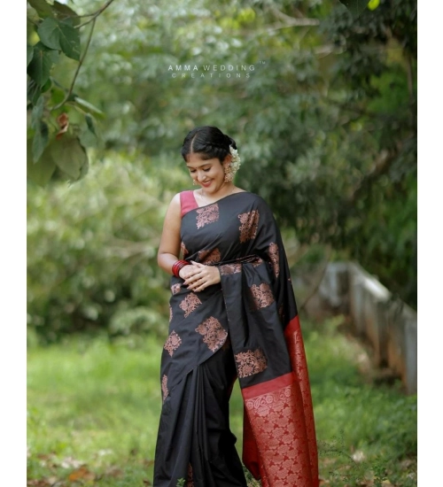 Women's Silk Printed Saree With Unstitched Blouse 5.5Mtr (Black-Red)