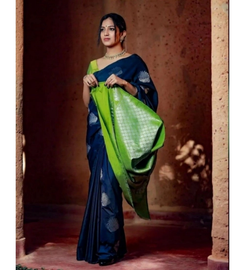 Women's Silk Printed Saree With Unstitched Blouse 5.5Mtr (Navy Blue)