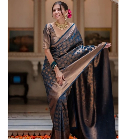 Women's Silk Printed Saree With Unstitched Blouse 5.5Mtr (Blue)