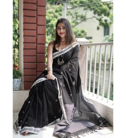 Women's Cotton  Printed Saree With Unstitched Blouse 5.5Mtr (Black)
