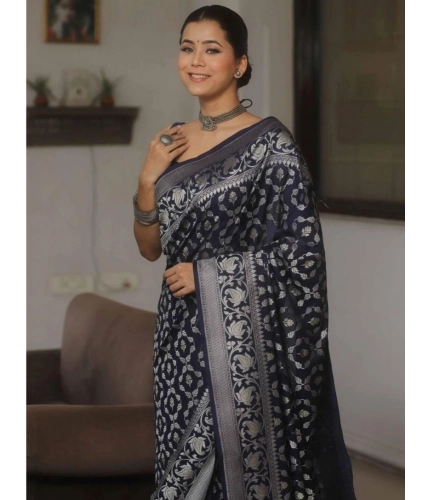Women's Silk Printed Saree With Unstitched Blouse 5.5Mtr (Navy Blue) Women's Silk Printed Saree With Unstitched Blouse 5.5Mtr (Navy Blue)