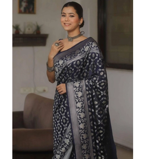 Women's Silk Printed Saree With Unstitched Blouse 5.5Mtr (Navy Blue)