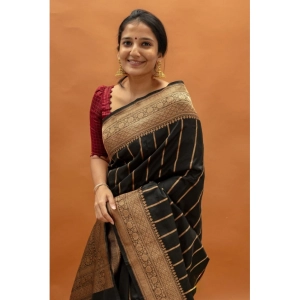 Generic Women's Silk Printed Saree With Unstitched Blouse 5.5Mtr (Black)