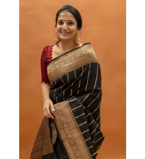 Women's Silk Printed Saree With Unstitched Blouse 5.5Mtr (Black)