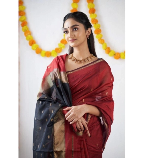 Women's Cotton  Printed Saree With Unstitched Blouse 5.5Mtr (Red)
