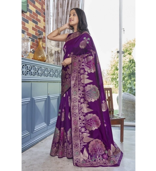Women's Silk Printed Saree With Unstitched Blouse 5.5Mtr (Purple)