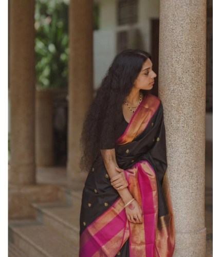 Women's Silk Printed Saree With Unstitched Blouse 5.5Mtr (Black-Pink)