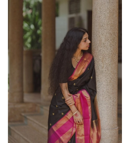 Women's Silk Printed Saree With Unstitched Blouse 5.5Mtr (Black-Pink)