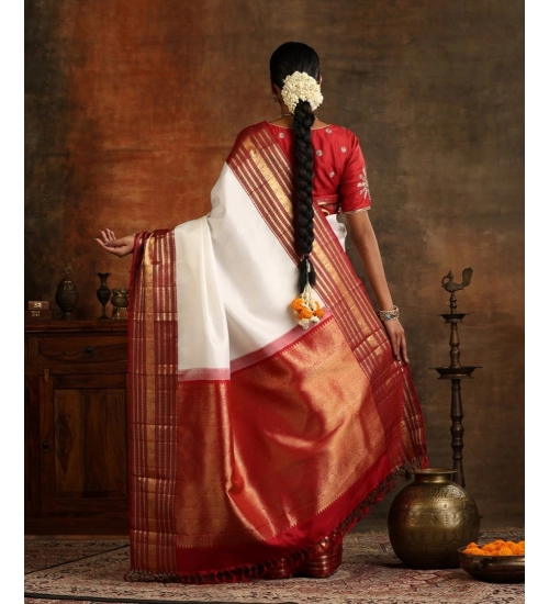 Women's Silk Printed Saree With Unstitched Blouse 5.5Mtr (White-Maroon)