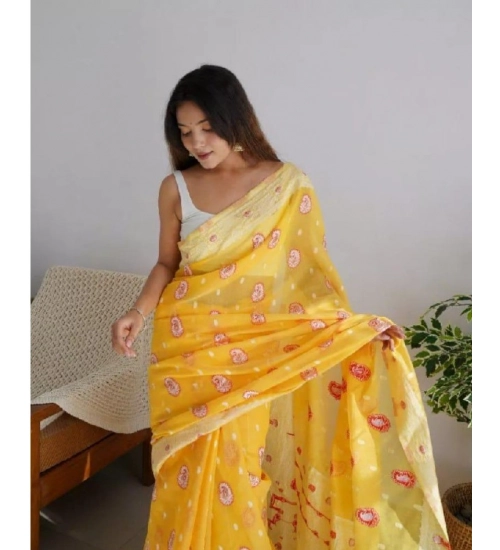 Women's Cotton  Printed Saree With Unstitched Blouse 5.5Mtr (Yellow)