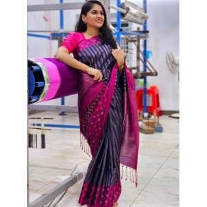 Generic Women's Silk Printed Saree With Unstitched Blouse 5.5Mtr (Navy Blue)