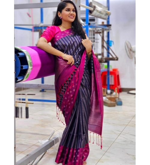 Women's Silk Printed Saree With Unstitched Blouse 5.5Mtr (Navy Blue)