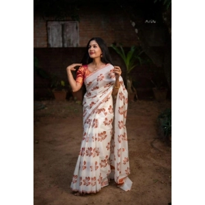 Generic Women's Silk Printed Saree With Unstitched Blouse 5.5Mtr (White-Orange)