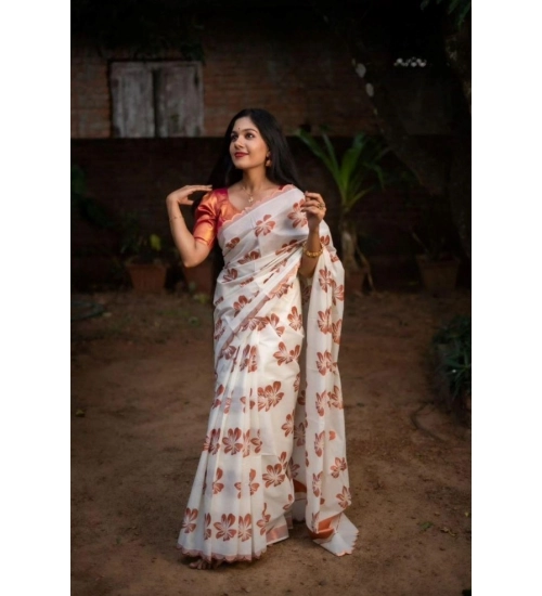 Women's Silk Printed Saree With Unstitched Blouse 5.5Mtr (White-Orange)