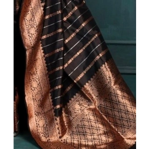Generic Women's Silk Printed Saree With Unstitched Blouse 5.5Mtr (Black)