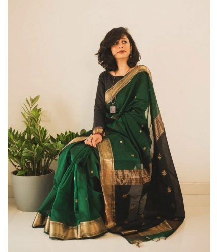 Women's Silk Printed Saree With Unstitched Blouse 5.5Mtr (Dark Green)