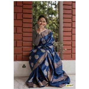 Generic Women's Silk Printed Saree With Unstitched Blouse 5.5Mtr (Navy Blue)