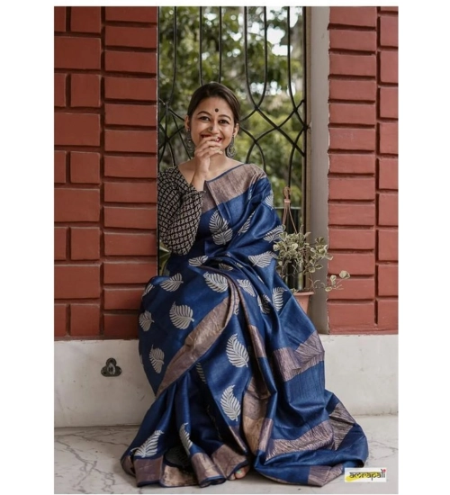 Women's Silk Printed Saree With Unstitched Blouse 5.5Mtr (Navy Blue)