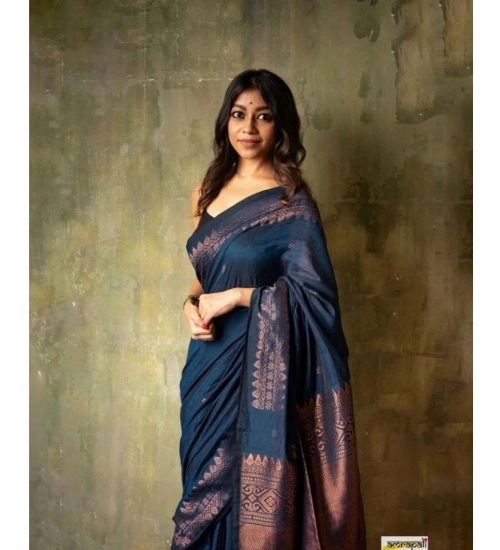 Women's Silk Printed Saree With Unstitched Blouse 5.5Mtr (Navy Blue)