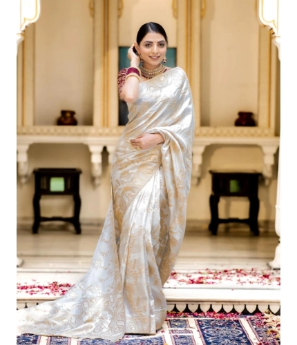 Women's Silk Printed Saree With Unstitched Blouse 5.5Mtr (White) Women's Silk Printed Saree With Unstitched Blouse 5.5Mtr (White)