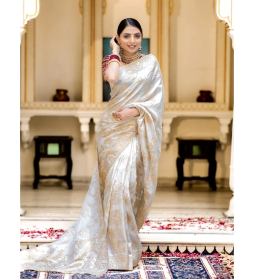 Women's Silk Printed Saree With Unstitched Blouse 5.5Mtr (White)
