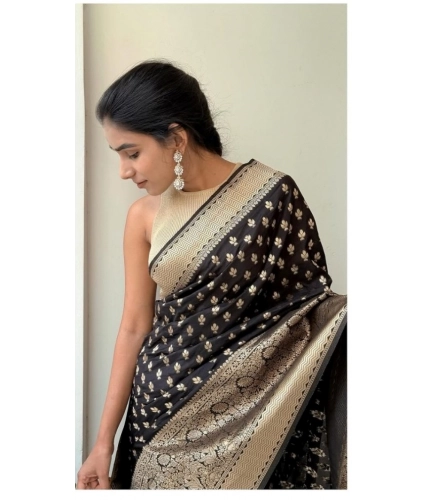 Women's Silk Printed Saree With Unstitched Blouse 5.5Mtr (Black)