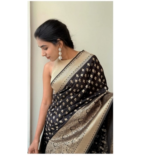 Women's Silk Printed Saree With Unstitched Blouse 5.5Mtr (Black)