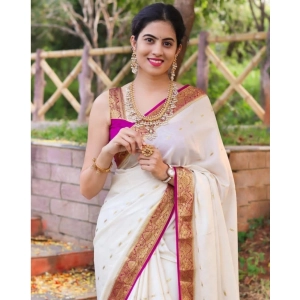 Generic Women's Silk Printed Saree With Unstitched Blouse 5.5Mtr (White)