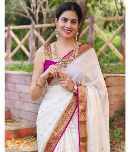 Women's Silk Printed Saree With Unstitched Blouse 5.5Mtr (White) Women's Silk Printed Saree With Unstitched Blouse 5.5Mtr (White)