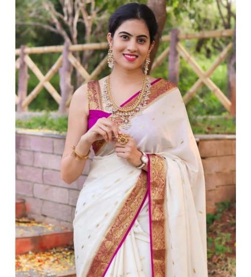 Women's Silk Printed Saree With Unstitched Blouse 5.5Mtr (White)