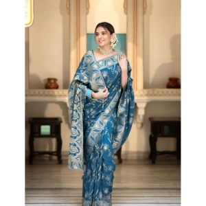 Generic Women's Silk Printed Saree With Unstitched Blouse 5.5Mtr (Teal Blue)