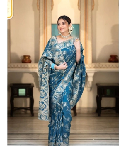 Women's Silk Printed Saree With Unstitched Blouse 5.5Mtr (Teal Blue) Women's Silk Printed Saree With Unstitched Blouse 5.5Mtr (Teal Blue)