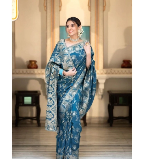 Women's Silk Printed Saree With Unstitched Blouse 5.5Mtr (Teal Blue)