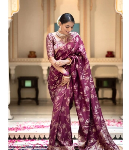 Women's Silk Printed Saree With Unstitched Blouse 5.5Mtr (Wine) Women's Silk Printed Saree With Unstitched Blouse 5.5Mtr (Wine)