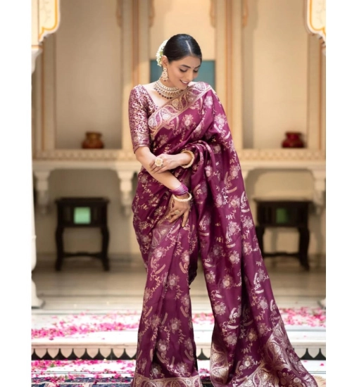Women's Silk Printed Saree With Unstitched Blouse 5.5Mtr (Wine)
