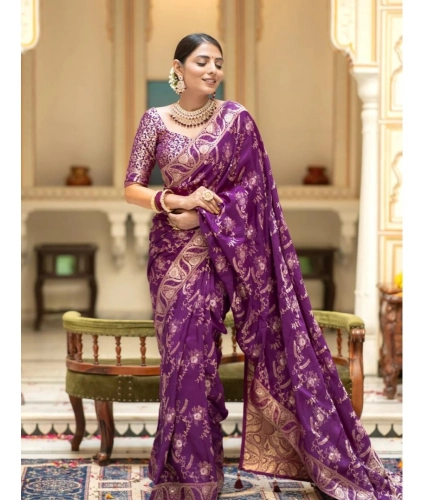Women's Silk Printed Saree With Unstitched Blouse 5.5Mtr (Purple)