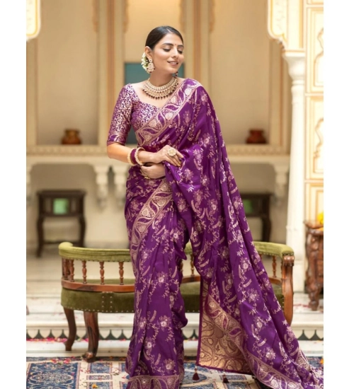 Women's Silk Printed Saree With Unstitched Blouse 5.5Mtr (Purple)