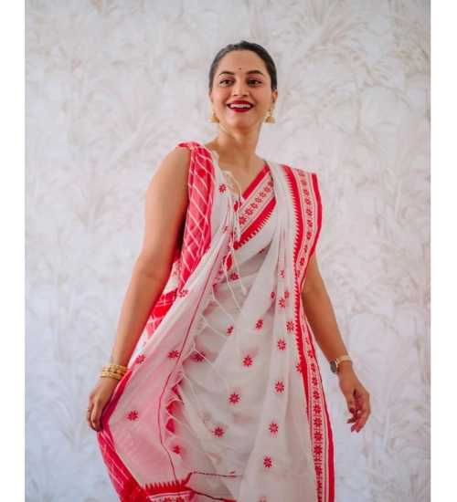 Women's Cotton  Printed Saree With Unstitched Blouse 5.5Mtr (White-Pink)