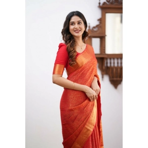 Generic Women's Silk Printed Saree With Unstitched Blouse 5.5Mtr (Orange)