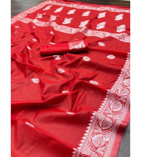 Women's Cotton  Printed Saree With Unstitched Blouse 5.5Mtr (Red)