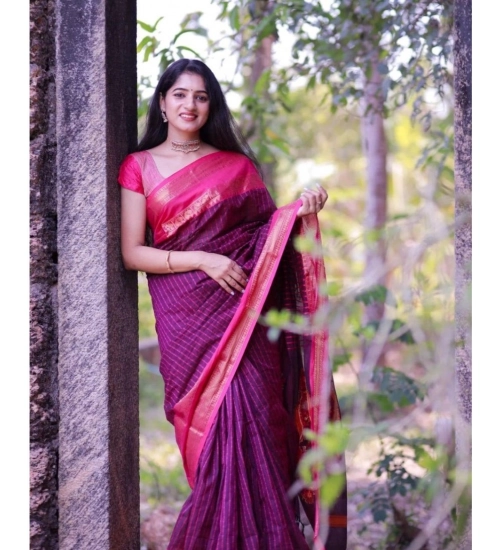 Women's Silk Printed Saree With Unstitched Blouse 5.5Mtr (Purple)
