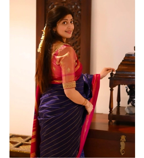 Women's Silk Printed Saree With Unstitched Blouse 5.5Mtr (Navy Blue)