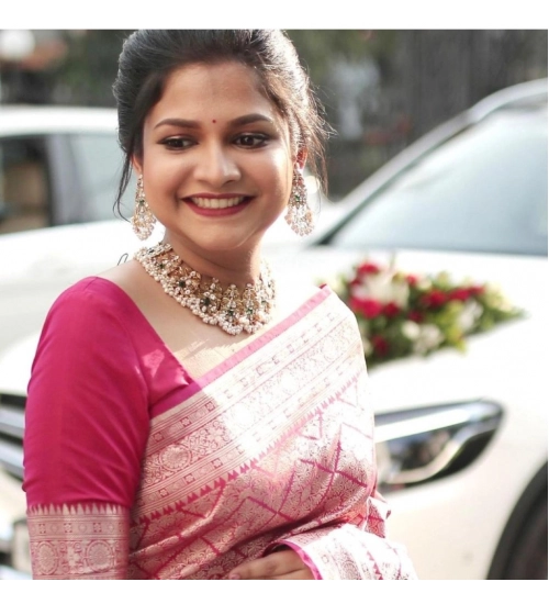 Women's Silk Printed Saree With Unstitched Blouse 5.5Mtr (Pink)