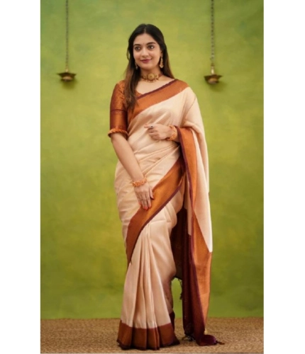 Women's Silk Printed Saree With Unstitched Blouse 5.5Mtr (Cream)
