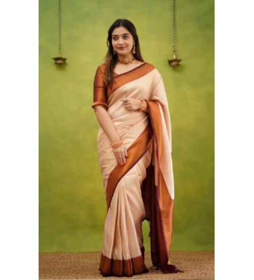 Women's Silk Printed Saree With Unstitched Blouse 5.5Mtr (Cream)